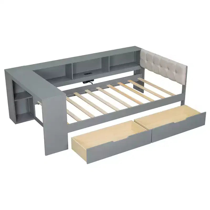 Letto a piattaforma Twin/Full Size con ripiani, cassetti, stazione di ricarica, testiera imbottita e scrivania, crema/grigio