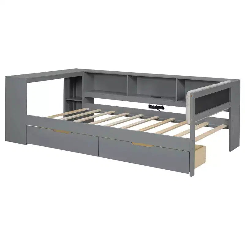 Letto a piattaforma Twin/Full Size con ripiani, cassetti, stazione di ricarica, testiera imbottita e scrivania, crema/grigio