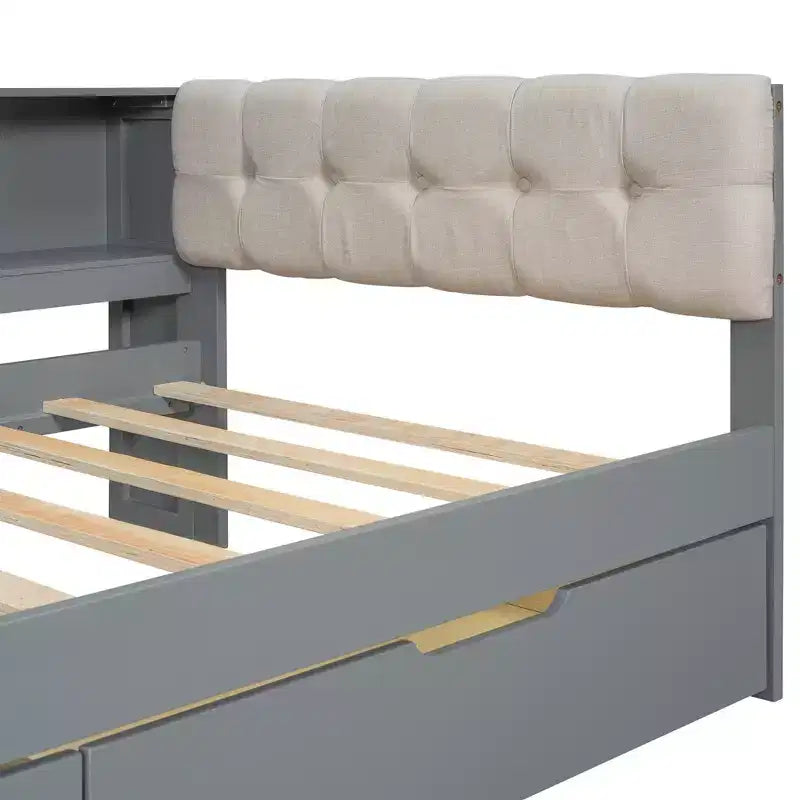 Letto a piattaforma Twin/Full Size con ripiani, cassetti, stazione di ricarica, testiera imbottita e scrivania, crema/grigio