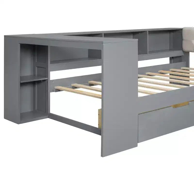 Letto a piattaforma Twin/Full Size con ripiani, cassetti, stazione di ricarica, testiera imbottita e scrivania, crema/grigio