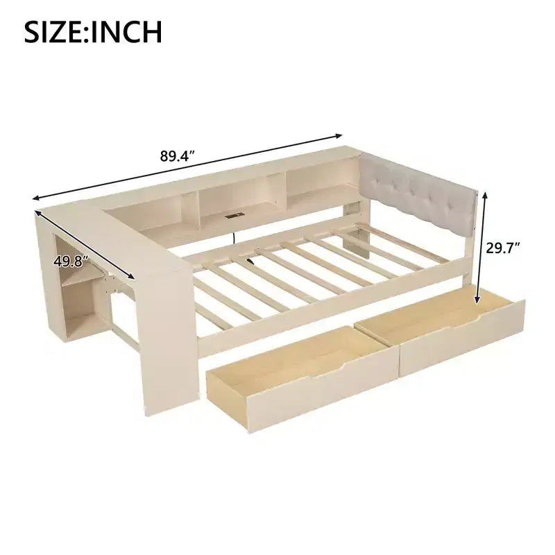 Letto a piattaforma Twin/Full Size con ripiani, cassetti, stazione di ricarica, testiera imbottita e scrivania, crema/grigio