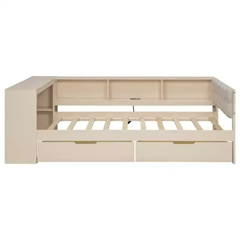 Letto a piattaforma Twin/Full Size con ripiani, cassetti, stazione di ricarica, testiera imbottita e scrivania, crema/grigio