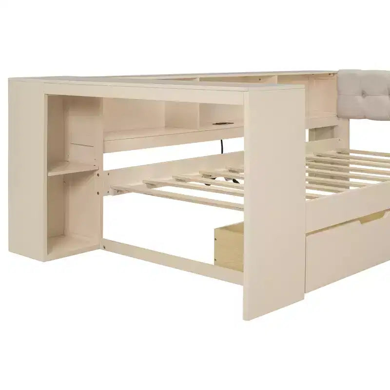 Letto a piattaforma Twin/Full Size con ripiani, cassetti, stazione di ricarica, testiera imbottita e scrivania, crema/grigio