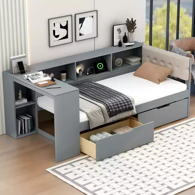 Letto a piattaforma Twin/Full Size con ripiani, cassetti, stazione di ricarica, testiera imbottita e scrivania, crema/grigio