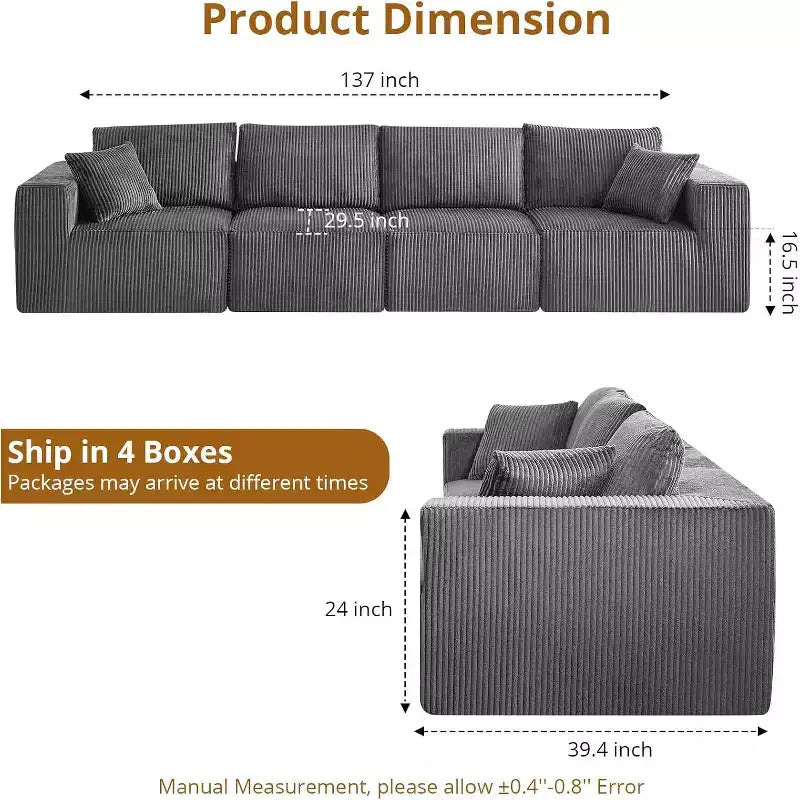 137 Sectional Couch Cloud Modular Modern Linear Sofa with Chaise Lounge, Corduroy Fabric, No Assembly Required, Convertible Compression Sleeper