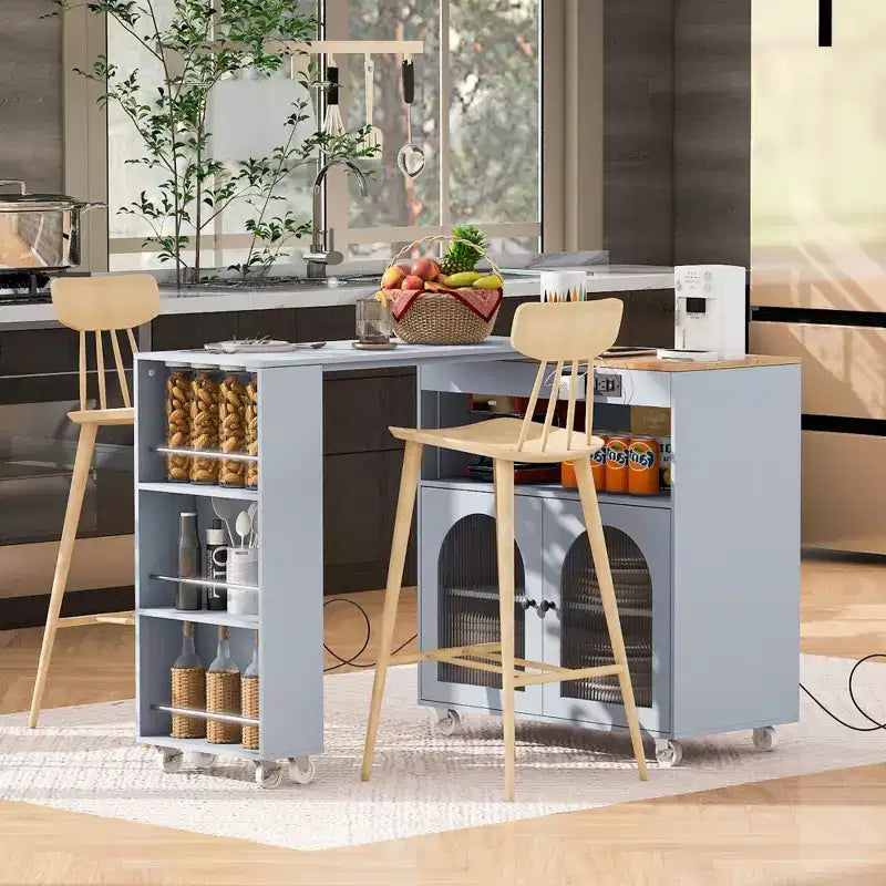 Isola da cucina bianca su ruote con piano allungabile, vano portaoggetti e 3 ripiani aperti laterali per cucina e sala da pranzo