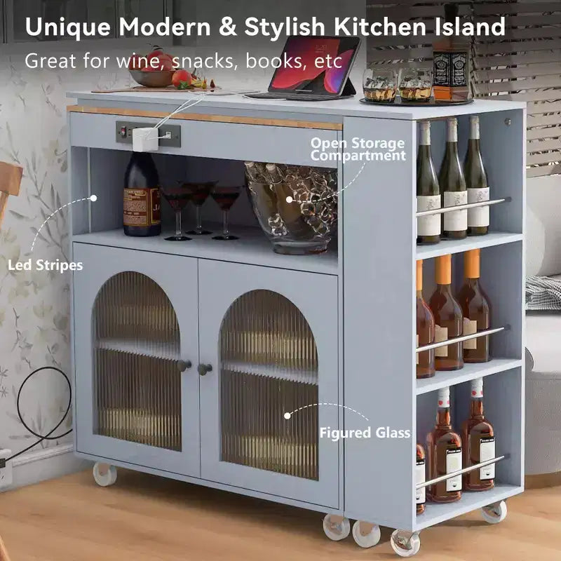 Isola da cucina bianca su ruote con piano allungabile, vano portaoggetti e 3 ripiani aperti laterali per cucina e sala da pranzo
