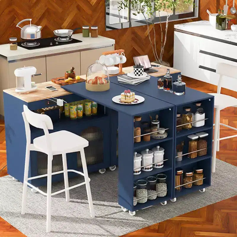 Isola da cucina bianca su ruote con piano allungabile, vano portaoggetti e 3 ripiani aperti laterali per cucina e sala da pranzo