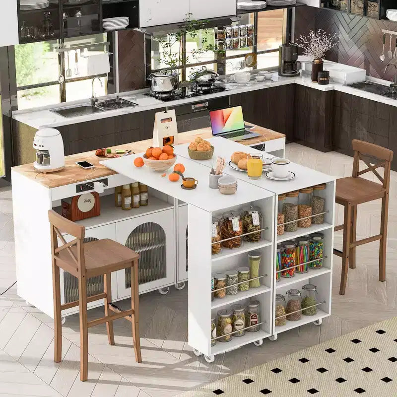 Isola da cucina bianca su ruote con piano allungabile, vano portaoggetti e 3 ripiani aperti laterali per cucina e sala da pranzo