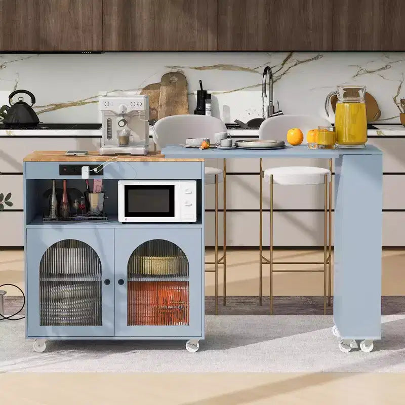 Isola da cucina bianca su ruote con piano allungabile, vano portaoggetti e 3 ripiani aperti laterali per cucina e sala da pranzo