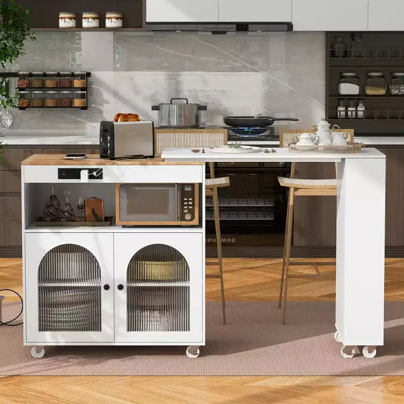 White Rolling Kitchen Island on Wheels with Extended Table Storage Compartment and Side 3 Open Shelves for Kitchen Dining Room