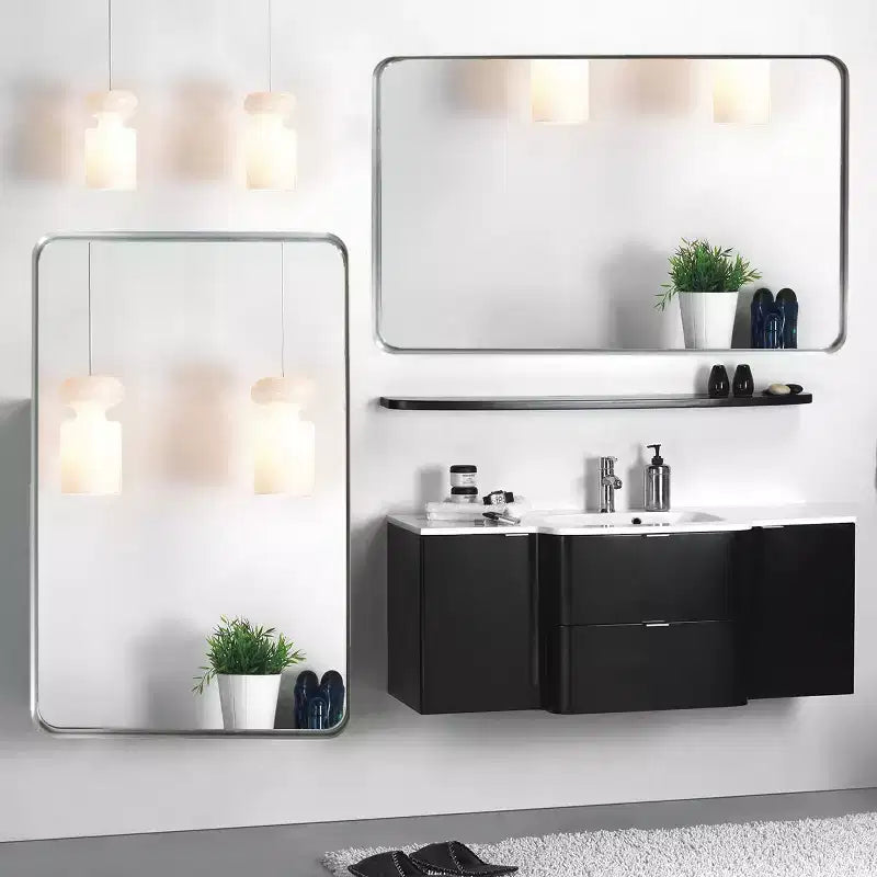 40x30 Brushed Silver Rectangular Mirror: Rounded Corners, Metal Frame, Wall Mount, Vanity Mirror