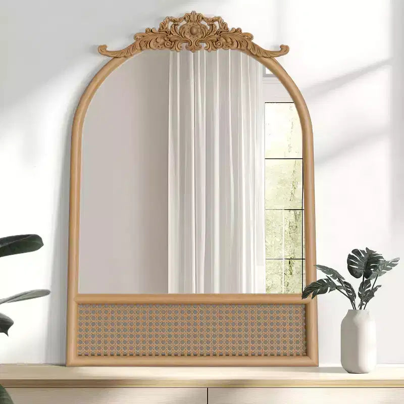 Miroir mural arqué en rotin tressé et bois naturel