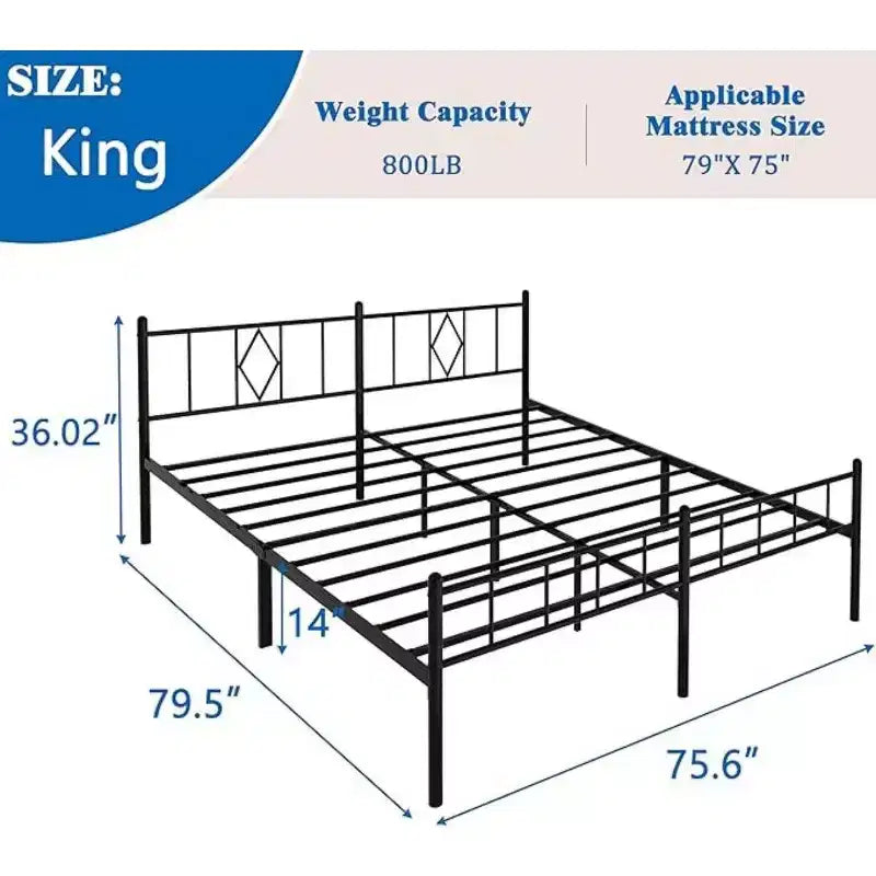 Increase the size of the queen bed to king size. It's 14 inches (35.6 cm) tall with a metal platform frame.