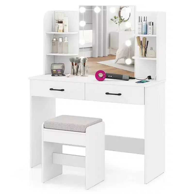 Vanity Table with Lighted Mirror Charging Station 3-Color Dimmable LED Lights White/Black
