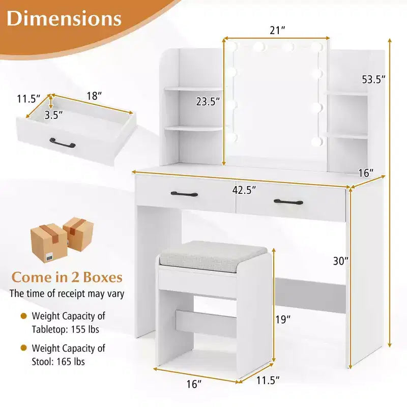Vanity Table with Lighted Mirror Charging Station 3-Color Dimmable LED Lights White/Black