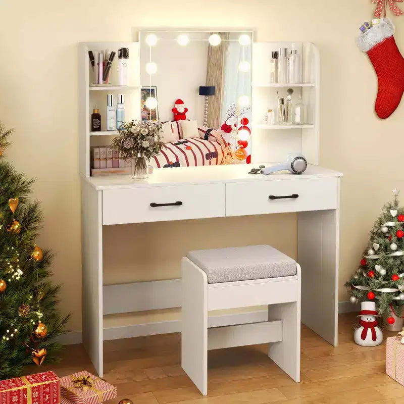 Vanity Table with Lighted Mirror Charging Station 3-Color Dimmable LED Lights White/Black