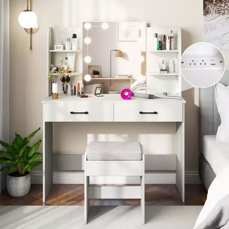 Vanity Table with Lighted Mirror Charging Station 3-Color Dimmable LED Lights White/Black