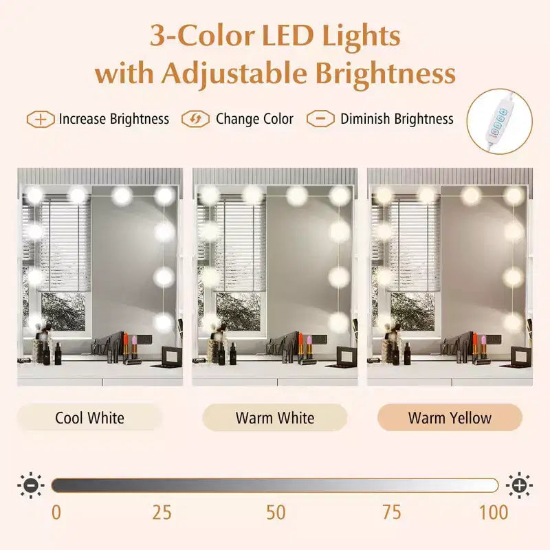 Vanity Table with Lighted Mirror Charging Station 3-Color Dimmable LED Lights White/Black