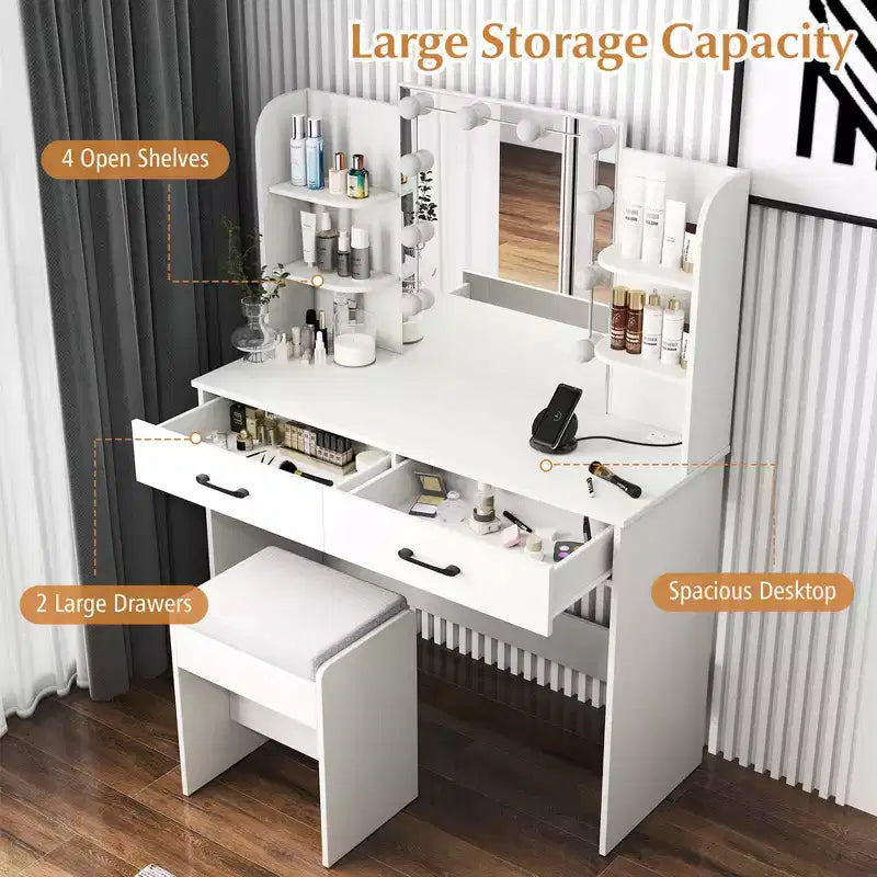 Vanity Table with Lighted Mirror Charging Station 3-Color Dimmable LED Lights White/Black