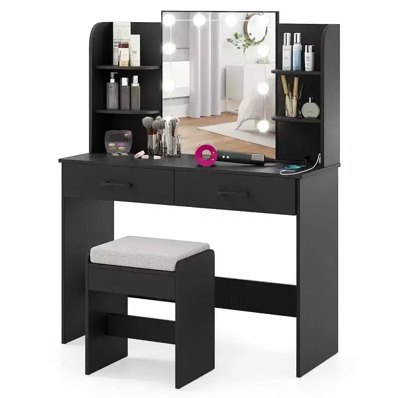 Vanity Table with Lighted Mirror Charging Station 3-Color Dimmable LED Lights White/Black