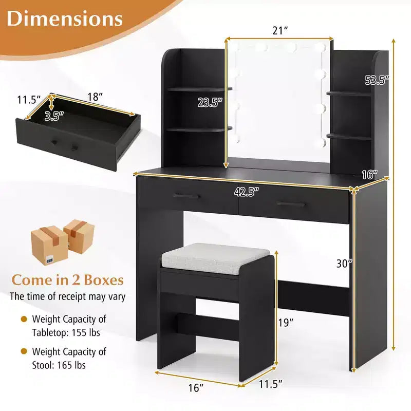 Vanity Table with Lighted Mirror Charging Station 3-Color Dimmable LED Lights White/Black