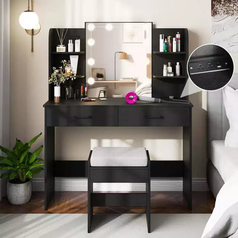Vanity Table with Lighted Mirror Charging Station 3-Color Dimmable LED Lights White/Black
