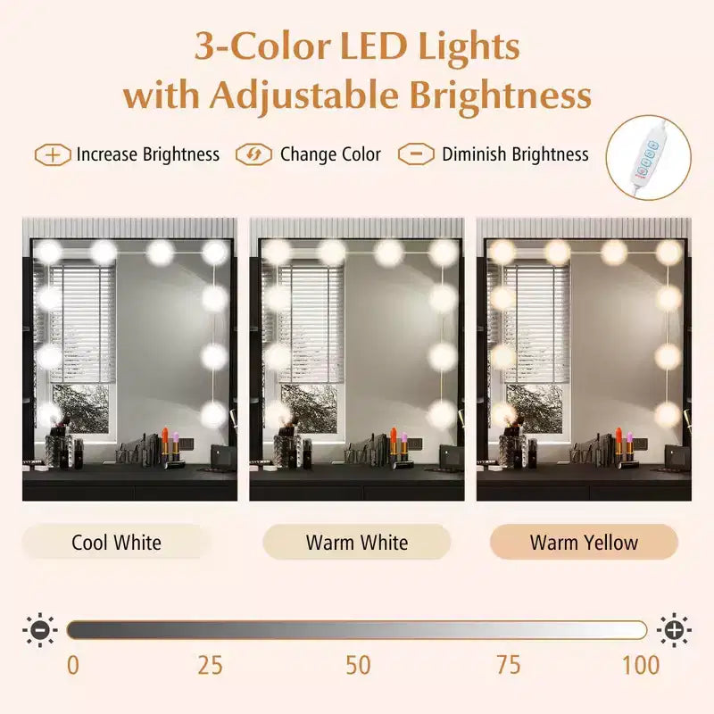 Vanity Table with Lighted Mirror Charging Station 3-Color Dimmable LED Lights White/Black