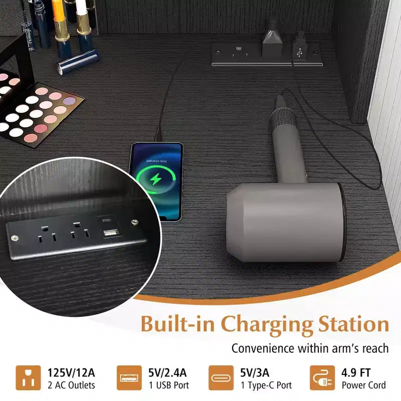 Vanity Table with Lighted Mirror Charging Station 3-Color Dimmable LED Lights White/Black