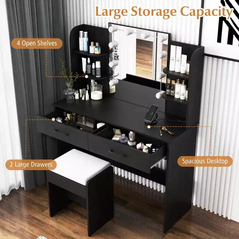 Vanity Table with Lighted Mirror Charging Station 3-Color Dimmable LED Lights White/Black