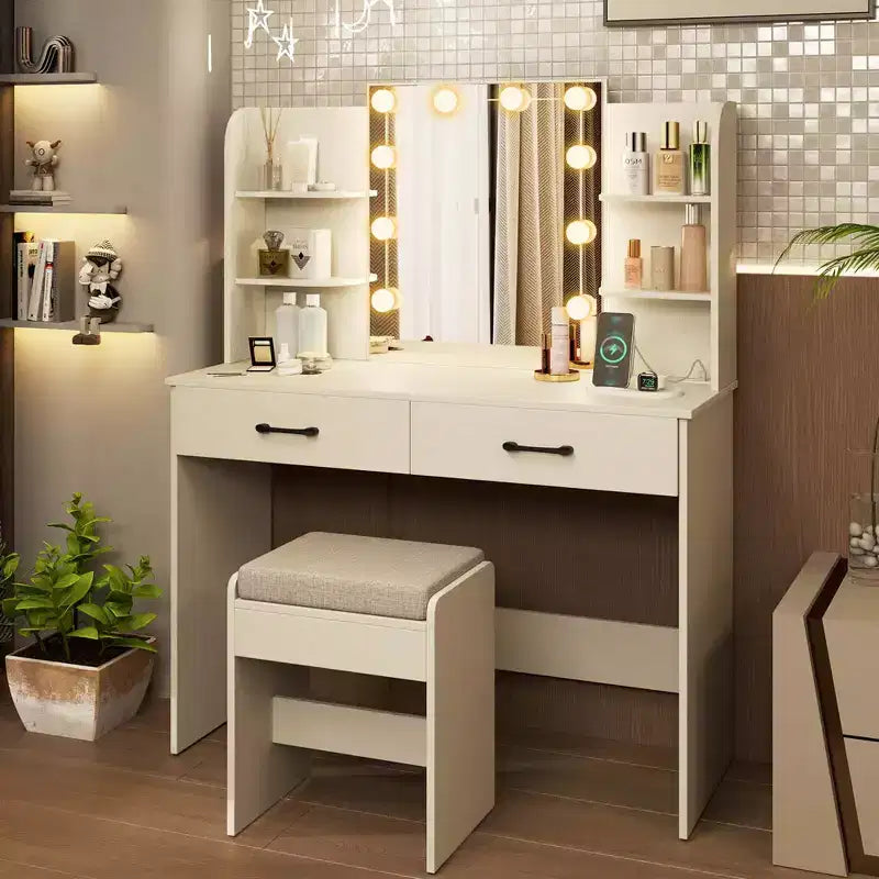 Tavolo da Trucco con Specchio Illuminato Stazione di Ricarica Luci LED Dimmerabili a 3 Colori Bianco/Nero