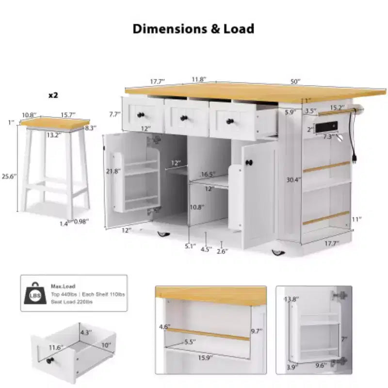 53 inch White Large Kitchen Island with 2 Bar Stools, Kitchen Storage Cart on 5 Wheels with Drop Leaf for Kitchen Dining Room