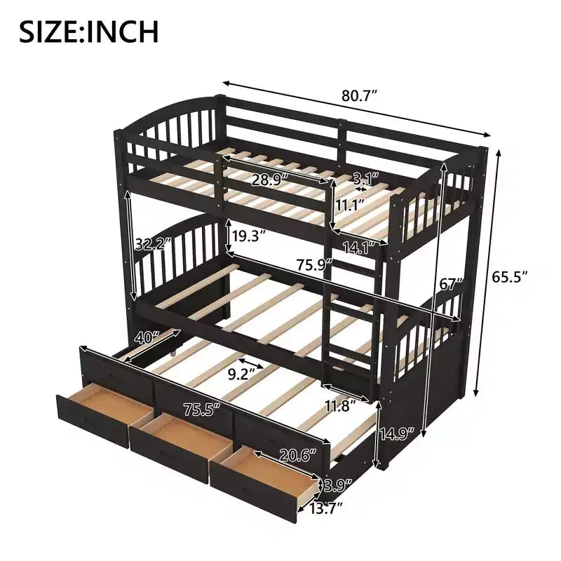 Letto a castello in legno Twin-over-Twin con scaletta, letto estraibile e cassetti