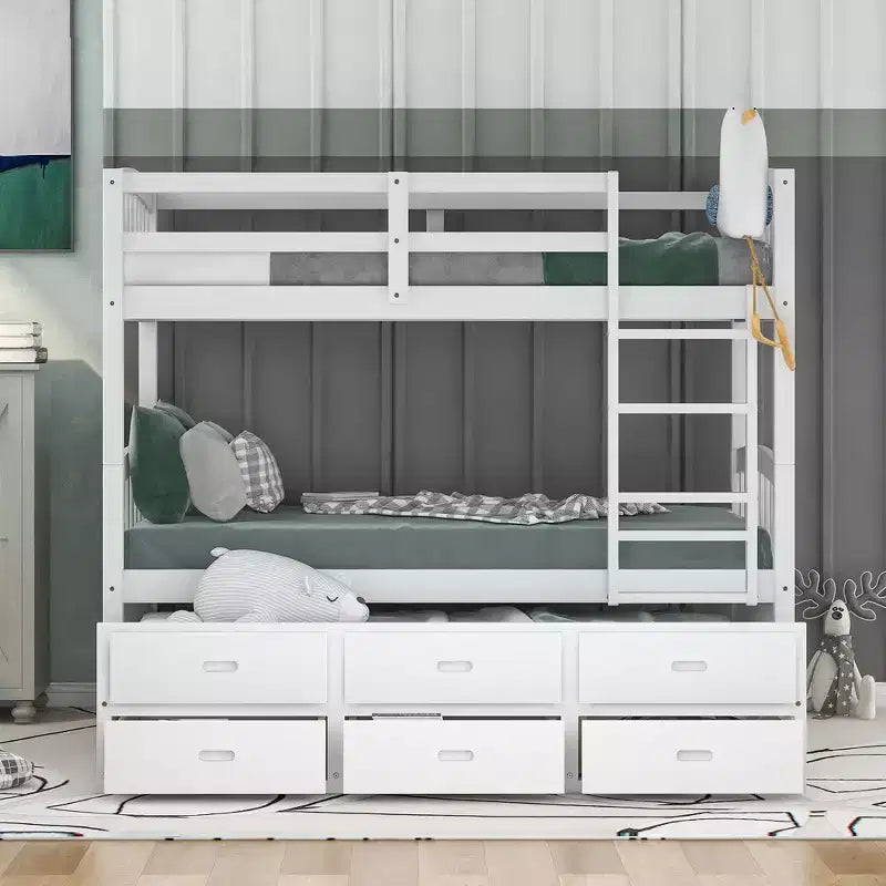 Letto a castello in legno Twin-over-Twin con scaletta, letto estraibile e cassetti