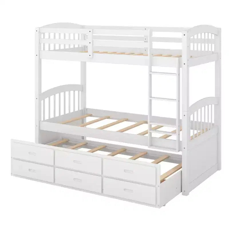Letto a castello in legno Twin-over-Twin con scaletta, letto estraibile e cassetti