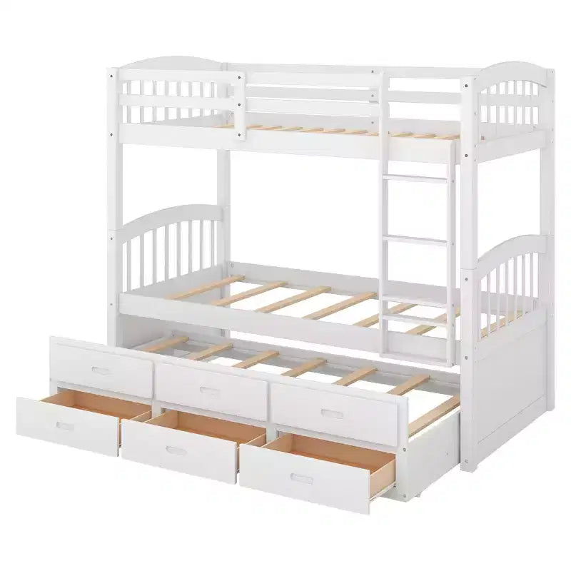 Letto a castello in legno Twin-over-Twin con scaletta, letto estraibile e cassetti