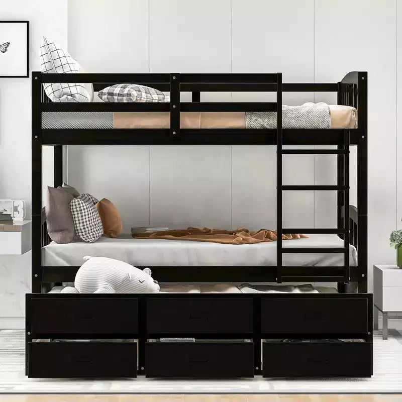 Letto a castello in legno Twin-over-Twin con scaletta, letto estraibile e cassetti
