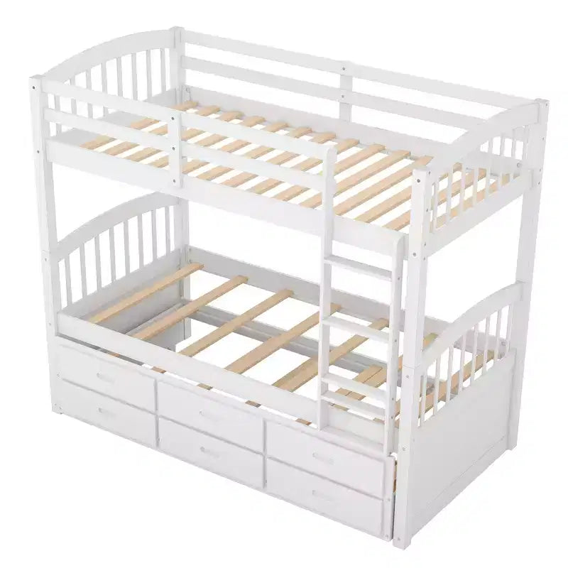 Letto a castello in legno Twin-over-Twin con scaletta, letto estraibile e cassetti