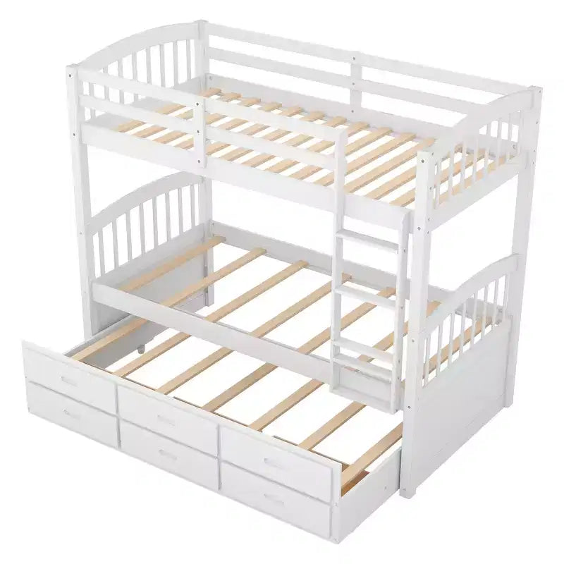 Letto a castello in legno Twin-over-Twin con scaletta, letto estraibile e cassetti