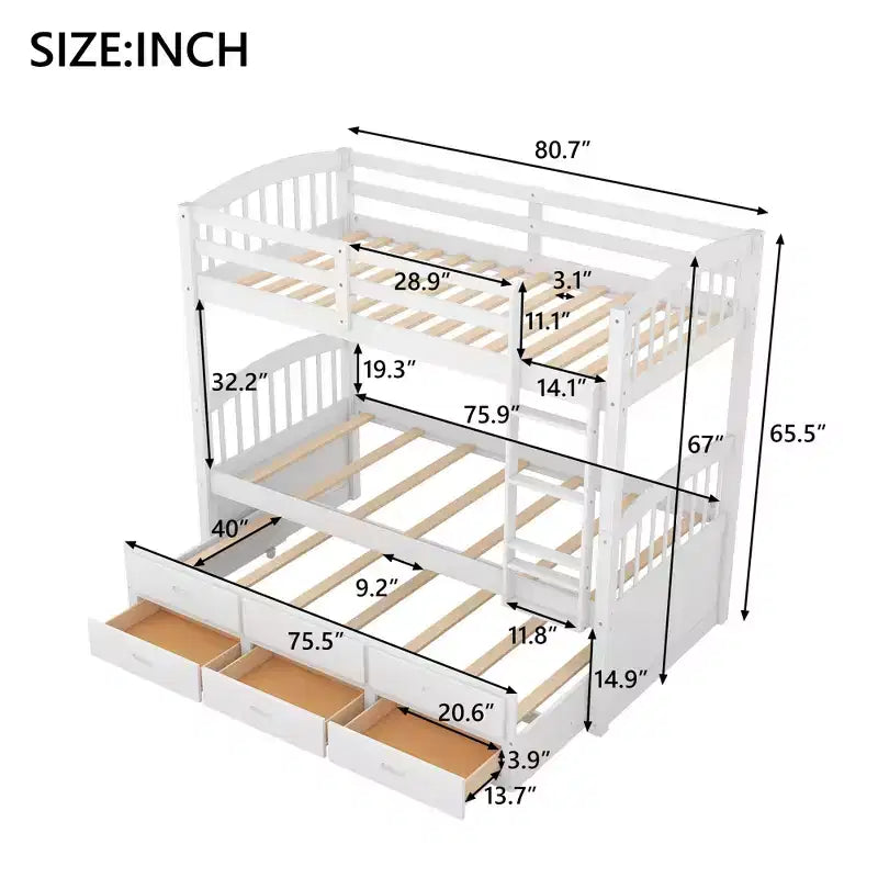 Letto a castello in legno Twin-over-Twin con scaletta, letto estraibile e cassetti