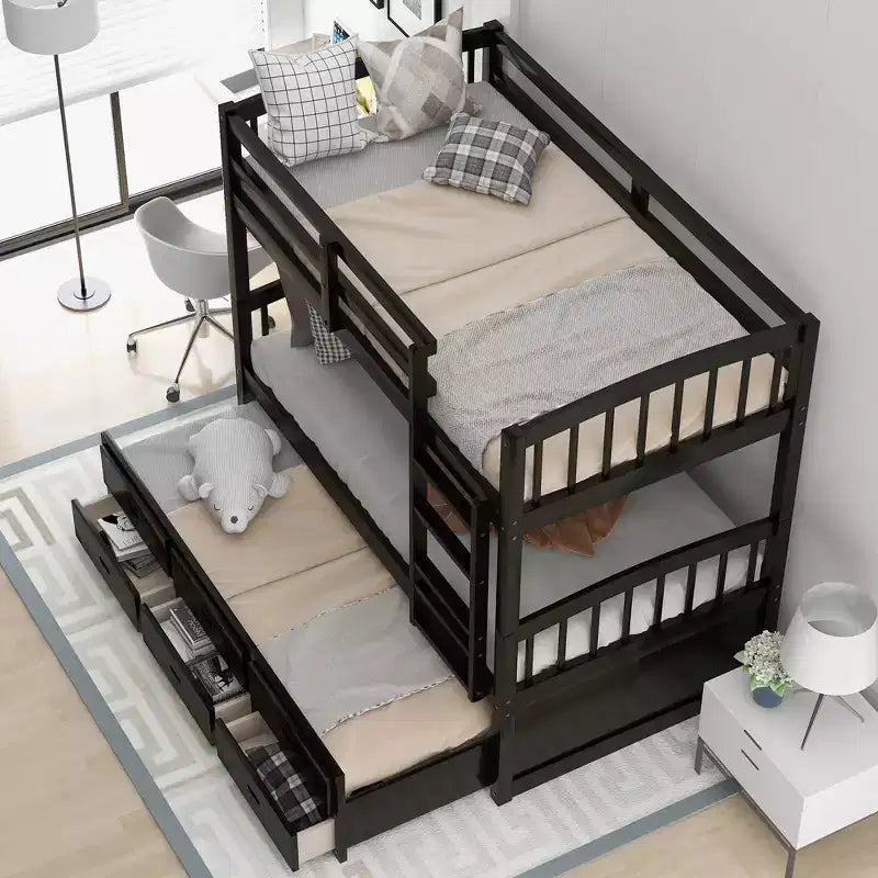 Letto a castello in legno Twin-over-Twin con scaletta, letto estraibile e cassetti