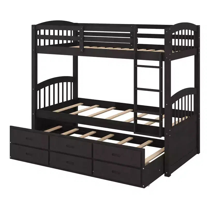 Letto a castello in legno Twin-over-Twin con scaletta, letto estraibile e cassetti