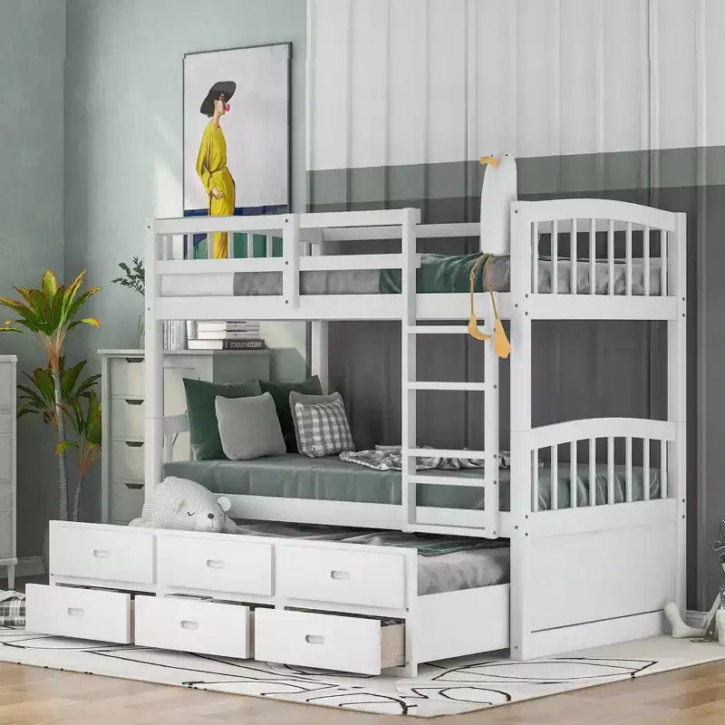 Letto a castello in legno Twin-over-Twin con scaletta, letto estraibile e cassetti