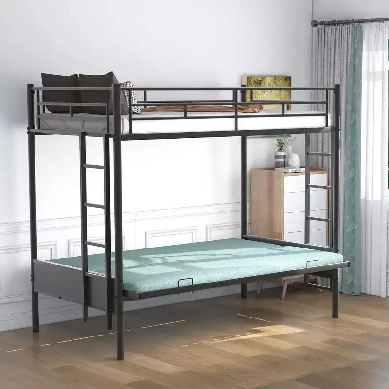 Letto a Castello in Metallo Singolo su Piazza e Mezza con Letto Inferiore Regolabile, Multifunzione - Nero