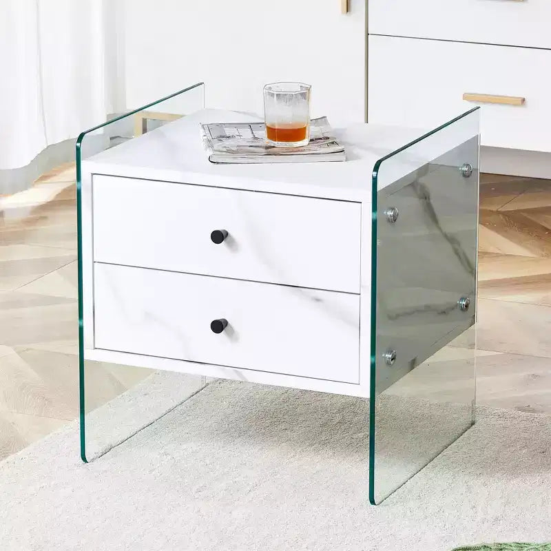 GDFStudio Reg 19 Glass Nightstand with Wooden Drawer