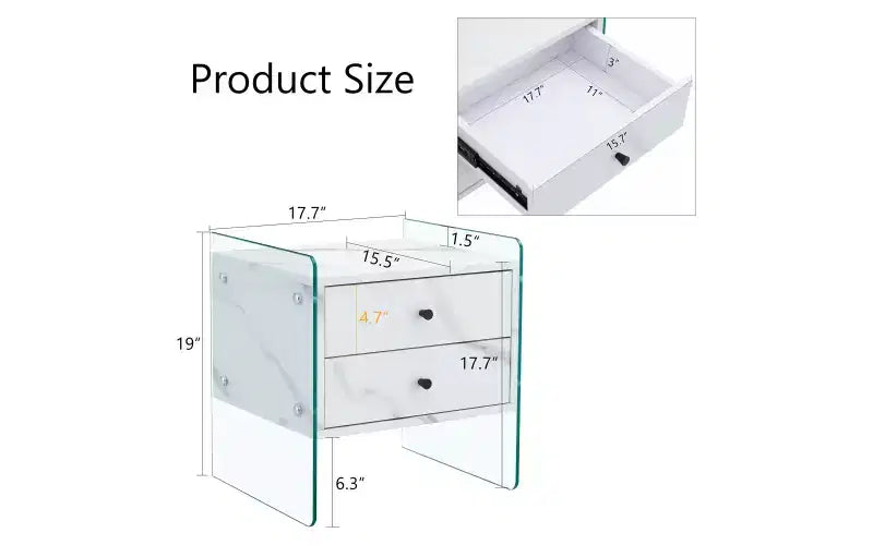 GDFStudio Reg 19 Glass Nightstand with Wooden Drawer
