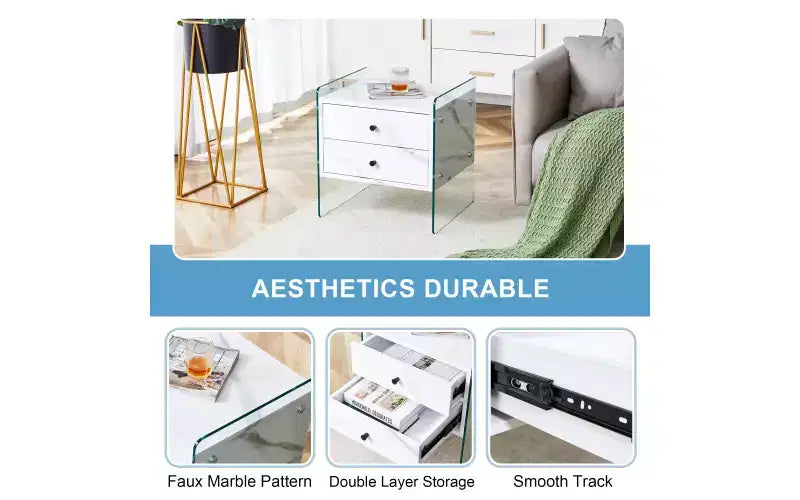 GDFStudio Reg 19 Glass Nightstand with Wooden Drawer