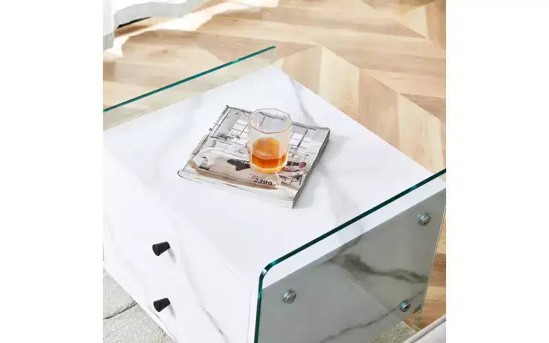GDFStudio Reg 19 Glass Nightstand with Wooden Drawer