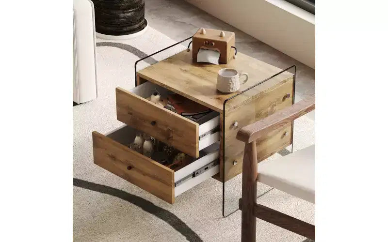 GDFStudio Reg 19 Glass Nightstand with Wooden Drawer