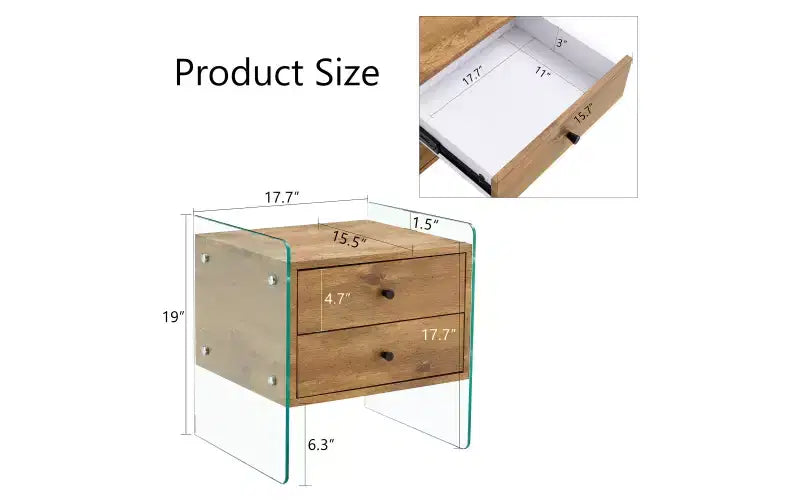GDFStudio Reg 19 Glass Nightstand with Wooden Drawer